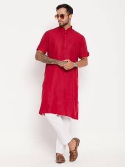 Vastramay - Men Maroon And White Cotton Kurta Pyjama (Set of 2)