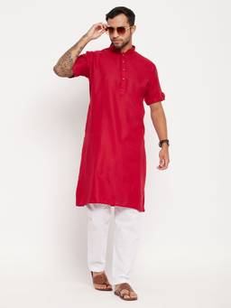 Vastramay - Men Maroon And White Cotton Kurta Pyjama (Set of 2)