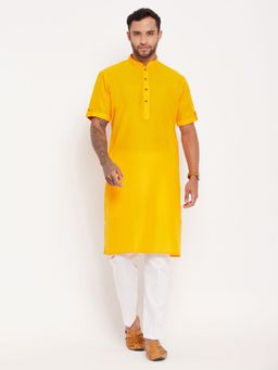 Vastramay - Men Mustard And White Cotton Kurta Pyjama (Set of 2)