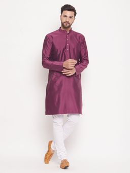 Vastramay - Men Purple And White Silk Blend Kurta Pyjama (Set of 2)