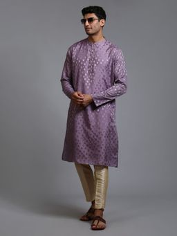 Vastramay - Men Purple And Gold Silk Blend Kurta Pyjama (Set of 2)