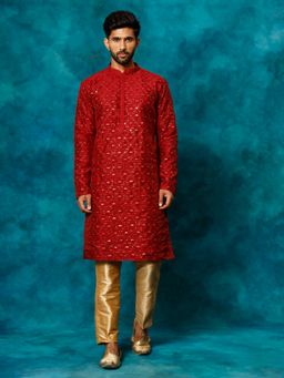 Vastramay - Men Maroon Silk Blend Kurta Pyjama (Set of 2)