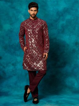 Vastramay - Men Purple Georgette Kurta Pyjama (Set of 2)