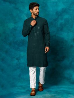 Vastramay - Men Green And White Rayon Cotton Kurta Pyjama (Set of 2)