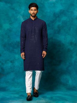 Vastramay - Men Navy Blue And White Rayon Cotton Kurta Pyjama (Set of 2)