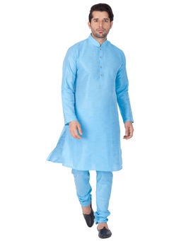 Vastramay - Men Light Blue Silk Blend Kurta Pyjama (Set of 2)