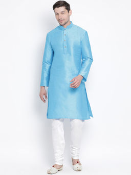 Vastramay - Men Light Blue Silk Blend Kurta Pyjama (Set of 2)
