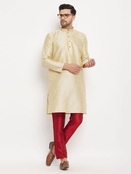 Vastramay - Men Gold And Maroon Silk Blend Kurta Pyjama (Set of 2)