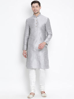 Vastramay - Men Grey Silk Blend Kurta Pyjama (Set of 2)