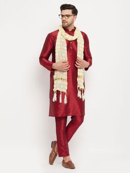 Vastramay - Men Maroon Silk Blend Kurta, Pyjama & Dupatta (Set of 3)
