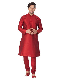 Vastramay - Men Maroon Silk Blend Kurta Pyjama (Set of 2)