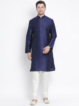 Vastramay - Men Dark Blue Silk Blend Kurta Pyjama (Set of 2)