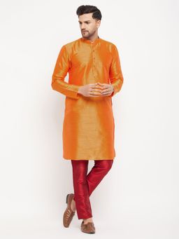 Vastramay - Men Orange And Maroon Silk Blend Kurta Pyjama (Set of 2)