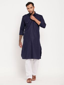 Vastramay - Men Blue And White Cotton Blend Kurta Pyjama (Set of 2)