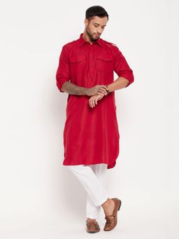 Vastramay - Men Maroon And White Cotton Blend Kurta Pyjama (Set of 2)