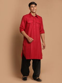 Vastramay - Men Maroon And Black Cotton Blend Pathani Kurta (Set of 2)