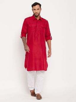 Vastramay - Men Maroon And White Cotton Blend Kurta Pyjama (Set of 2)