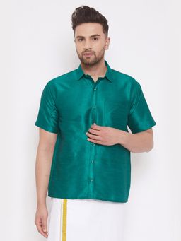 Vastramay - Men Green Silk Blend Ethnic Shirt