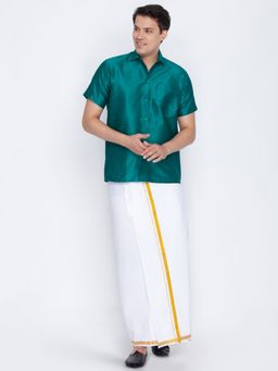 Vastramay - Men Green and White Silk Blend Shirt And Mundu (Set of 2)
