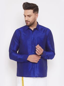 Vastramay - Men Blue Silk Blend Ethnic Shirt
