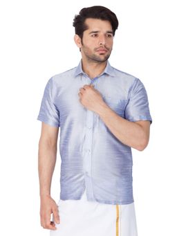 Vastramay - Men Light Blue Silk Blend Ethnic Shirt