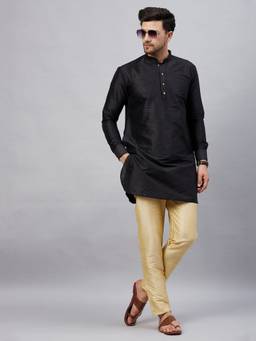 Vastramay - Men Black And Gold Cotton Blend Kurta Pyjama (Set of 2)
