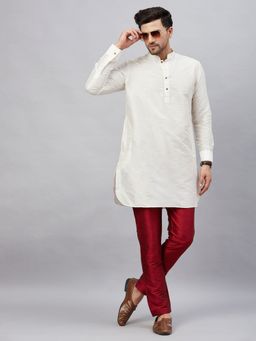 Vastramay - Men Cream And Maroon Cotton Blend Kurta Pyjama (Set of 2)