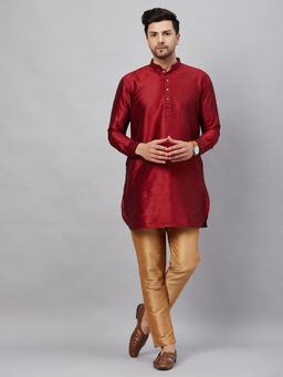 Vastramay - Men Maroon And Rose Gold Cotton Blend Kurta Pyjama (Set of 2)