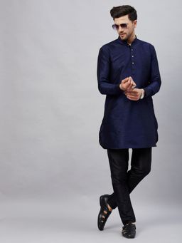 Vastramay - Men Navy Blue And Black Cotton Blend Kurta Pyjama (Set of 2)