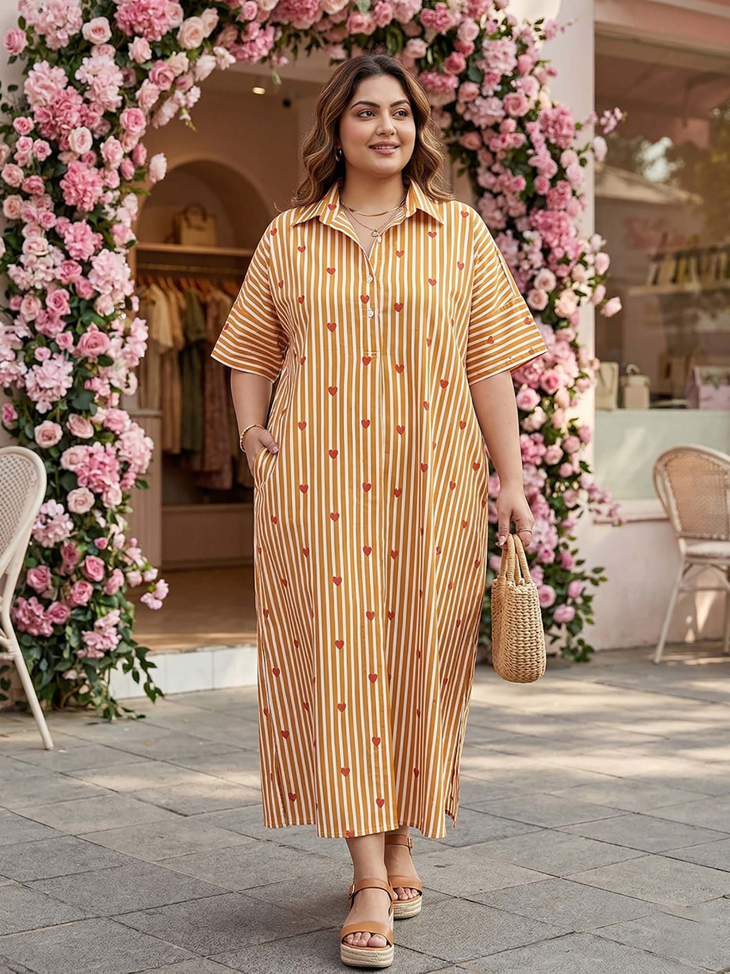 qurvii Brown Heart Print Stripe Oversized Dress-picture-11