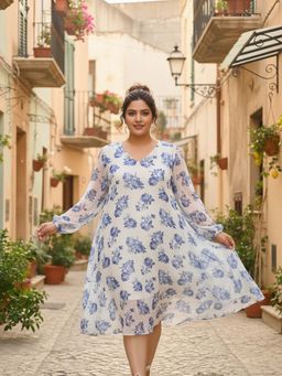 Qurvii - White Blue Floral Printed Dress With Balloon Sleeves