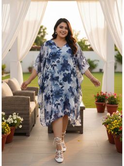 Qurvii - Navy Blue Floral Printed Kaftan