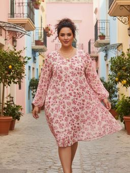 Qurvii - Pink Floral Swiss Dot A Line Dress