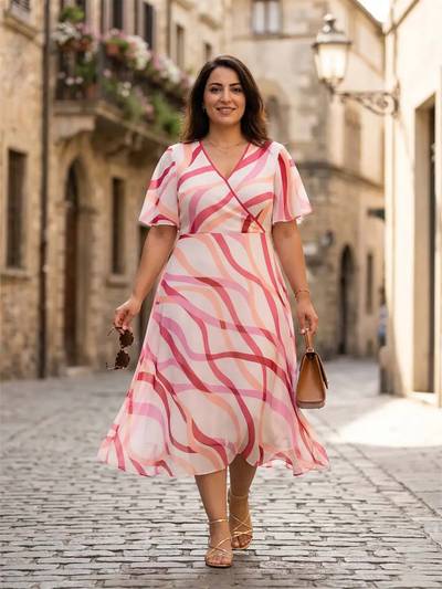 White Georgette Printed V-Neck Dress