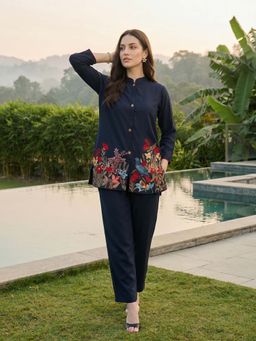 ZUMMER - Navy Blue Floral Embroidered Co-Ord Set