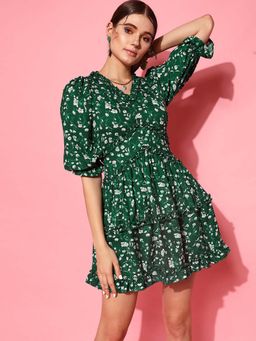 STREET 9 - Green Floral Printed A-Line Dress