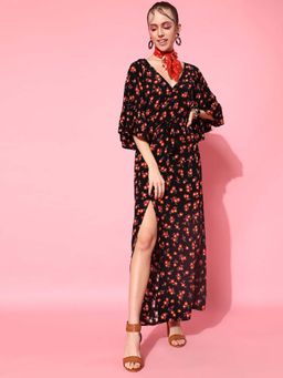 STREET 9 - Black Floral Printed Slit Maxi Dress