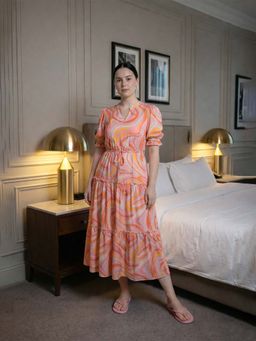 ZUMMER - Multi-Color Satin Abstract Ruffle Tiered Midi Dress