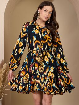ZUMMER - Black Ikat Printed Fit And Flare Short Dress With Belt
