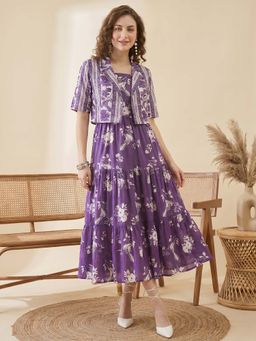 ZUMMER - Purple Floral Printed Midi Dress With Jacket