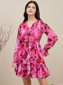 ZUMMER - Pink Floral Ruffle Short Dress With Belt
