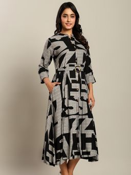 ZUMMER - Black Rayon Printed Fit And Flare Midi Dress With Belt