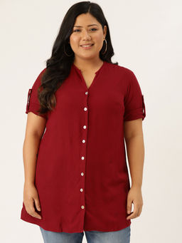 theRebelinme - Plus Size Womens Maroon Solid Colour Longline Casual Shirt
