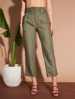 Marie Claire - Women Casual Olive Color Solid Regular Trouser