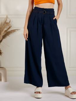 Marie Claire - Women Casual Navy Blue Solid Trouser (Set of 2)
