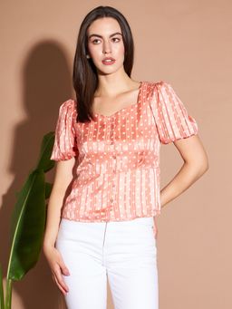 Marie Claire - Women Casual Peach Color Sweetheart Neck Polka Dots Regular Top