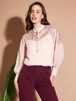 Marie Claire - Women Casual Beige Color Keyhole Neck Embellished Regular Top