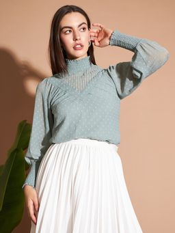 Marie Claire - Women Casual Green Color High Neck Self Design Regular Top