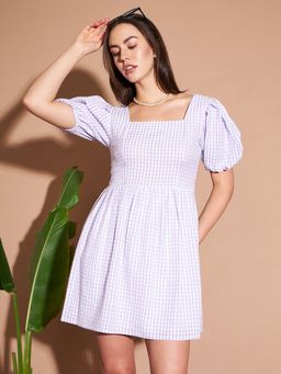 Marie Claire - Women Casual Lavender Color Square Neck Mini Checkered Dress
