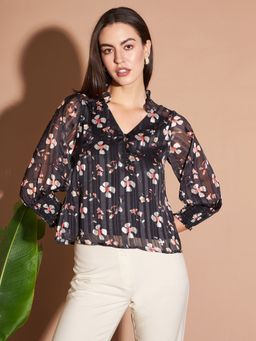 Marie Claire - Women Casual Black Color V Neck Floral Regular Top